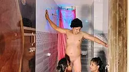 Desi bengali two girls and a boy fuck by lover in bathroom threesome sex