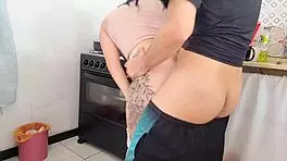 Married Brazilian housewife in tight jean shorts gets banged by the plumber in the kitchen.
