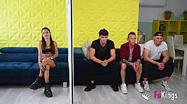 Hardcore date for young 18+ Rubi she must choose one guy to fuck among three