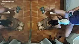 Can you believe this MILF in pantyhose giving blowjob on knees, swallowing cum?