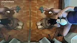 Can you believe this MILF in pantyhose giving blowjob on knees, swallowing cum?