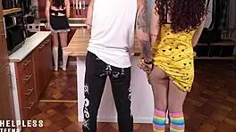 Maid cant resist masturbation while dominant man fucks her in the kitchen