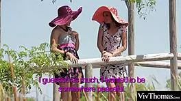 Stunning lesbians enjoy licking pussy in their garden