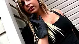 Blonde Teen Girlfriend Teases Smoking Outdoors in Provocative Lingerie Stockings Heels