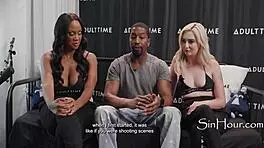 feeling overwhelmed by sharing petite blonde and ebony pornstars in intense interracial fucking