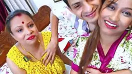 Two desi bhabhi enjoy wild sex with young devar 😍