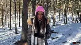 Real Sex in Snowy Forest Ends with Creampie