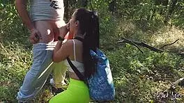 Forest quickie for horny booty teen hiker outdoor blowjob doggy and cum on ass