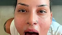 brunette nasty latina swallows every drop in deepthroat pov, choking and gagging