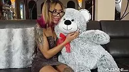 How does tiny asian teen handle rough gangbang dildo creampie?