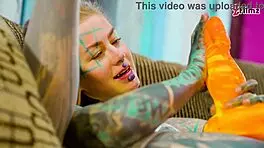 tattooed girl solo anal dildo play