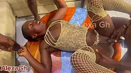 The petite African teen gets gangbanged by five men