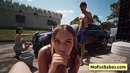 Busty blonde teen JC Wilds gives wet blowjob to Johnny Love in open public