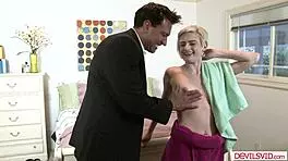 Blonde petite babysitter masturbates, then ass fucked hard by boss with big cock in bedroom 😈