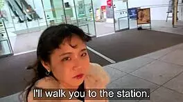 english dubbing of beautiful petite girl with slim waist helping friends