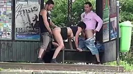 Busty Girl Public Gangbang Threesome Sex By A Busy Highway With Bent Over Doggystyle Action