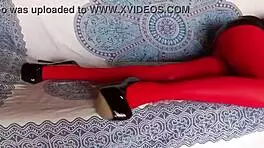 The milf with beautiful legs red pantyhose and black heels