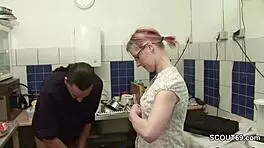 hey, that petite virgin is getting her first hardcore blowjob from the boss