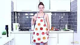 chipper teen in red panties loves to masturbate in her kitchen