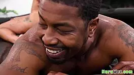 Busty Asian Masseuse Rubbing Her Moist Cunt on Client's Black Balls