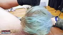 blue haired exotic coed raven masturbates and deepthroats hard cock