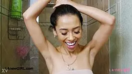 beautiful asian brunette amateur petite girl bathing in shower for photoshoot