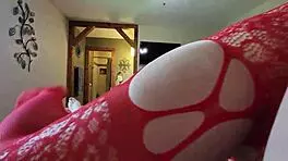lovely woman in red bodysuit fucks doggystyle facing camera with phat creampie