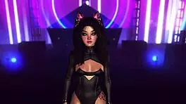 Exotic fluffy cat girl in tight bodysuit dancing alone in night club