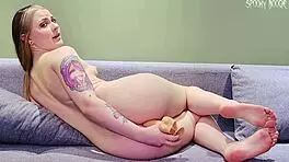 Alt teen licks soles and cracks tight asshole with big dildo on casting