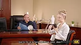 naughty blonde showing her big experience at the job interview with seduction and casting