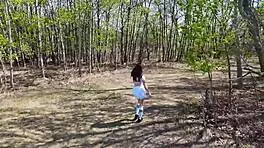 Young Angler Girl Went To Fish After School, Wearing Uniform, Underwear, Fishnets, Socks, Skirt, Miniskirt In Forest