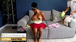 A big-tits amateur teen ends up making her first porn film after a casting interview.