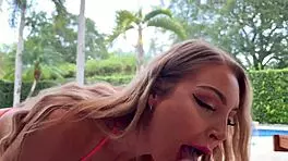 Harper Hill swallows Teddy Tarantinos cum by the pool.