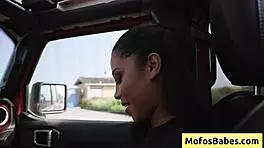 Sexy ebony girl rubs her clit and shows big boobs in car, eden west says