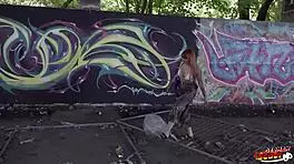 German scout conducts risky anal sex casting with freckled redhead tattoo model in public lost place