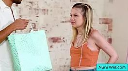 Petite busty blonde teen masseuse performs wet nuru massage on horny client