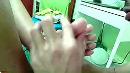 Double Footjob with Dildo Socks Bare Feet and Cum