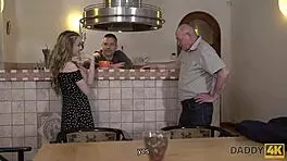 Skinny peach chats russian with bf's dad, leading to hardcore fuck