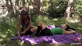 Can two skinny hippy teens with bushy vaginas handle intense outdoor lesbian sex?