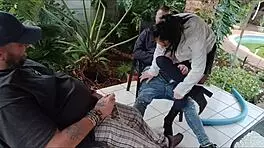 horny stepbrother fucks virgin stepsister while his friend masturbates and cums on her boobs