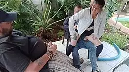 horny stepbrother fucks virgin stepsister while his friend masturbates and cums on her boobs