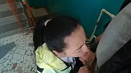 Give Me That Risky Blowjob And Swallow Cum On Stairs!