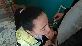 Give Me That Risky Blowjob And Swallow Cum On Stairs!