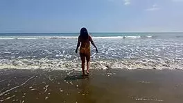 sex on the beach with perverted old man, teen brunette deepthroats and gets wet pussy licked