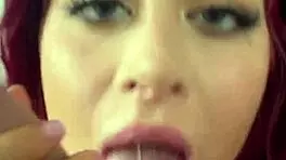 twerks while rimming - petite busty redhead deepthroat blowjob pov facial cumshot