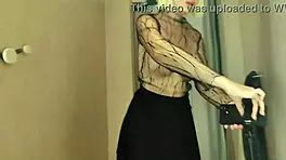 Horny young blonde in fitting room shows big tits and puffy nipples, craving intense fuck.