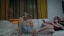 Redhead milf shares couch for massage ending in facial