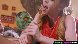 Teen and older man cheat in halloween costumes