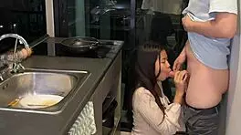 Petite Asian Teen Fucked in Kitchen by Huge White Cock