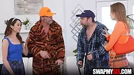 Two horny crippled grandpas tease and swap young woman in hardcore intense group sex isabella nice.